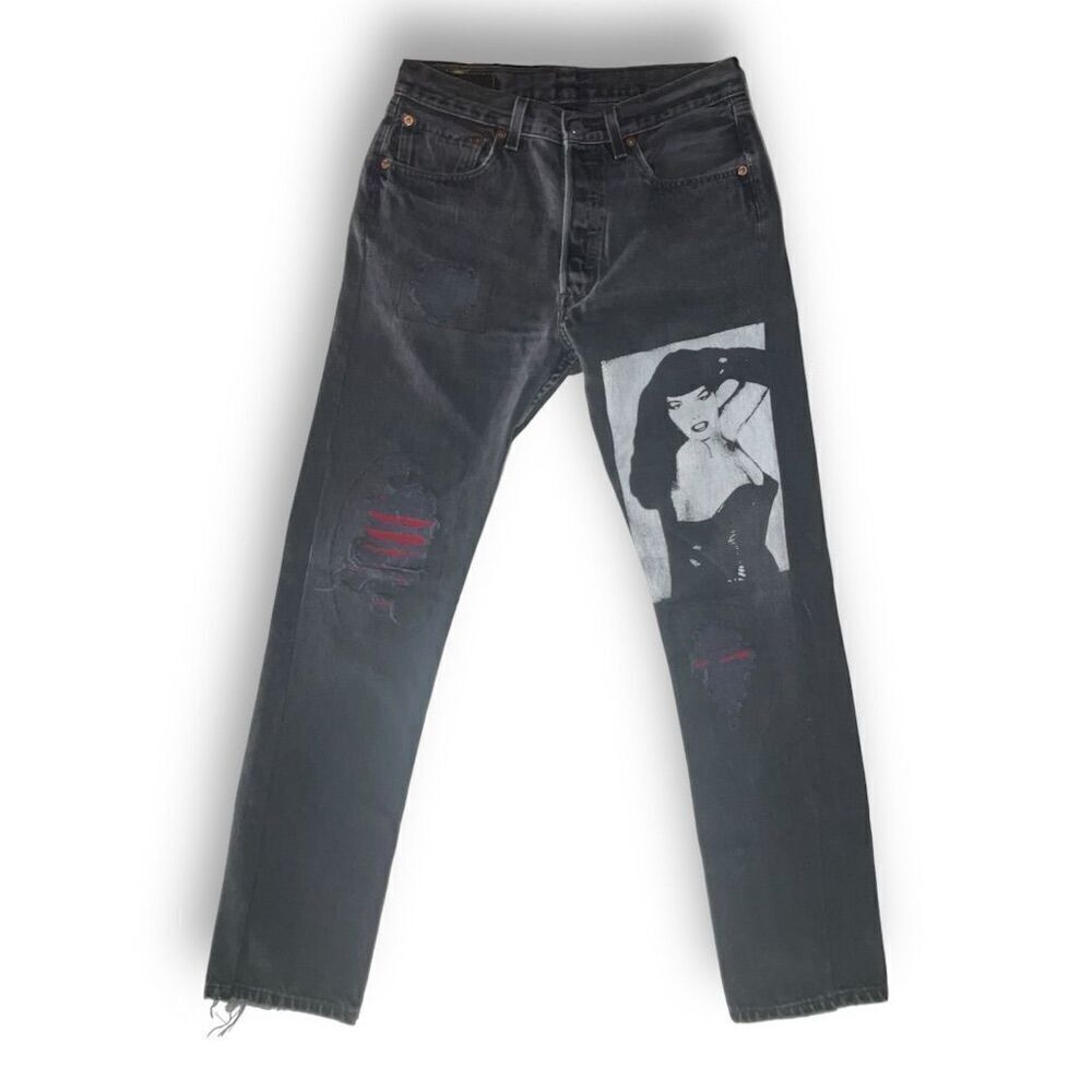 🔥🖤 Levi’s 501 Original Black Jeans Men’s 31x32 – Distressed 🧷 Graphic Print 👖